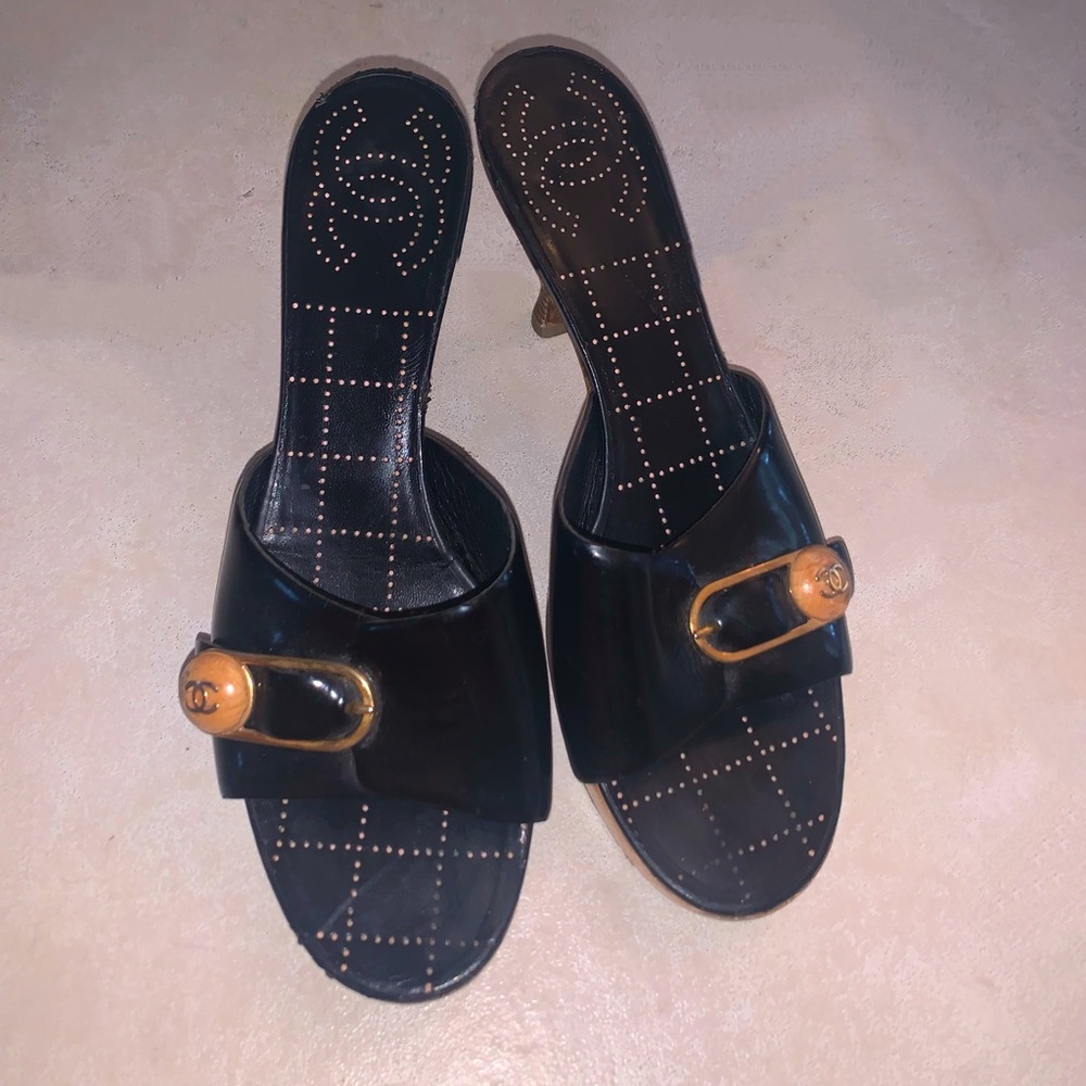 Chanel Wooden & Pleather Mules